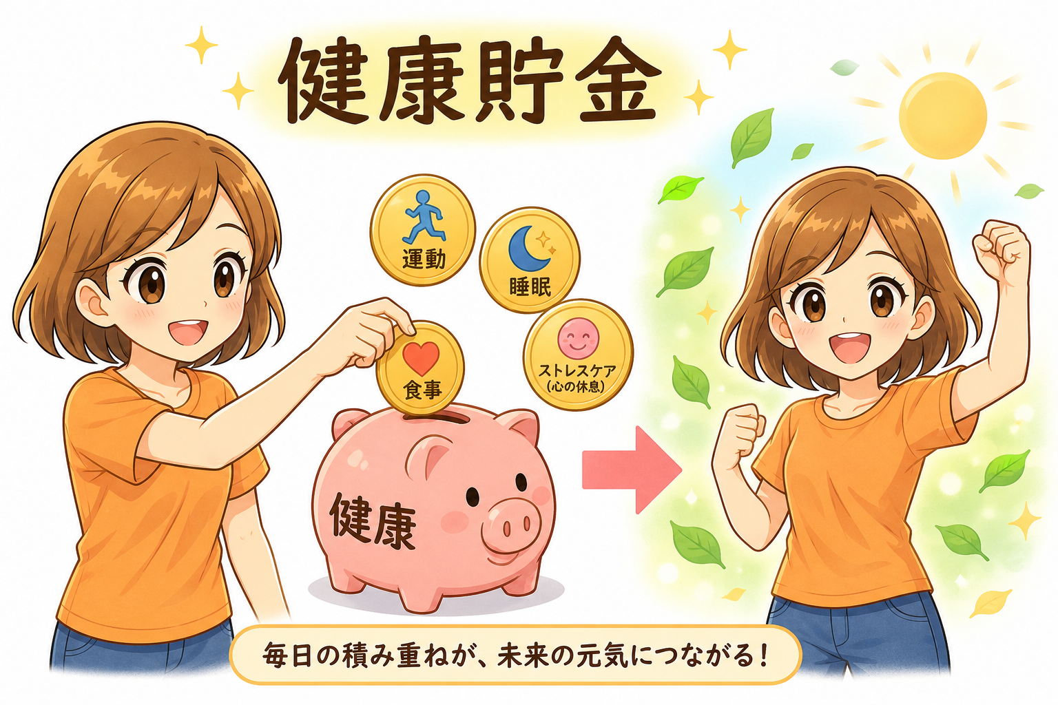 健康貯金を積み重ねて未来の元気につなげるイラスト