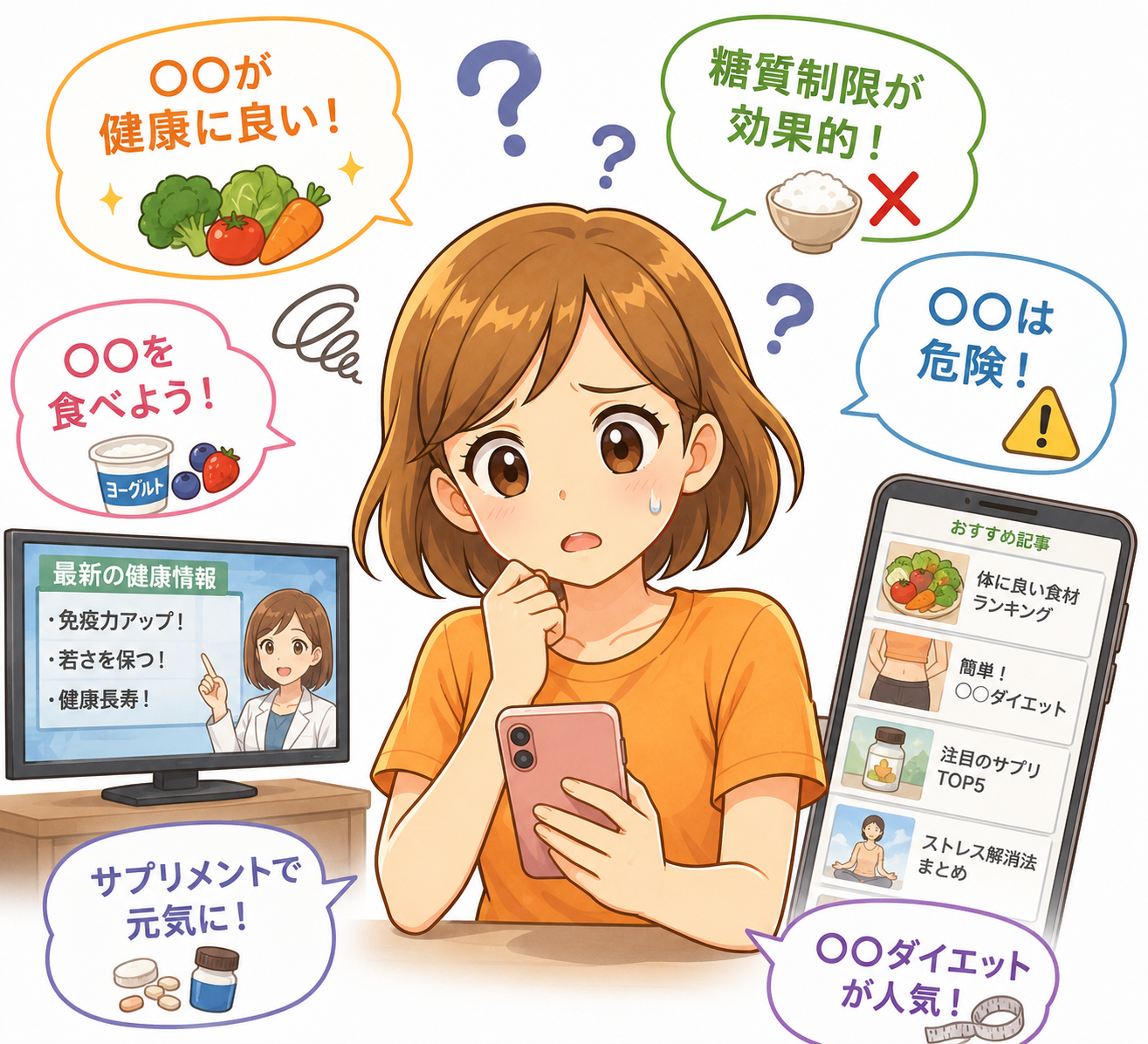 テレビやスマートフォンから流れる健康情報を見て、どれを信じればよいか迷っているけんこちゃん