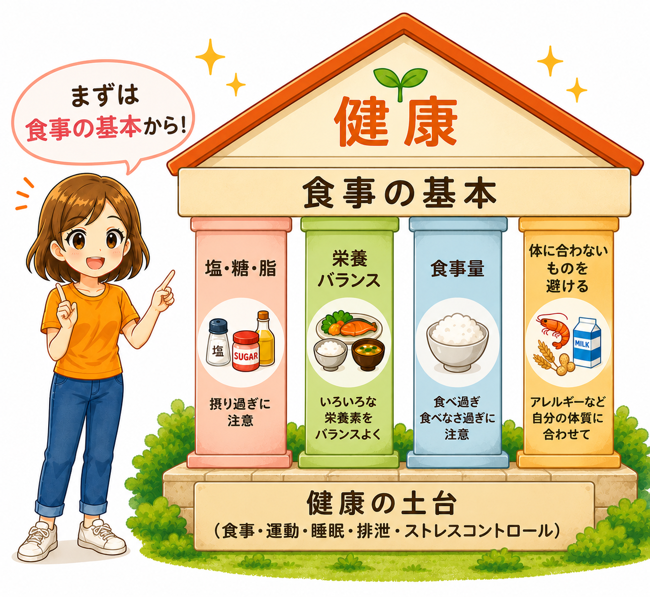 健康の土台の上に、塩糖脂の調節、栄養バランス、食事量、体に合わないものを避けるという4つの要素が並んでいるイラスト