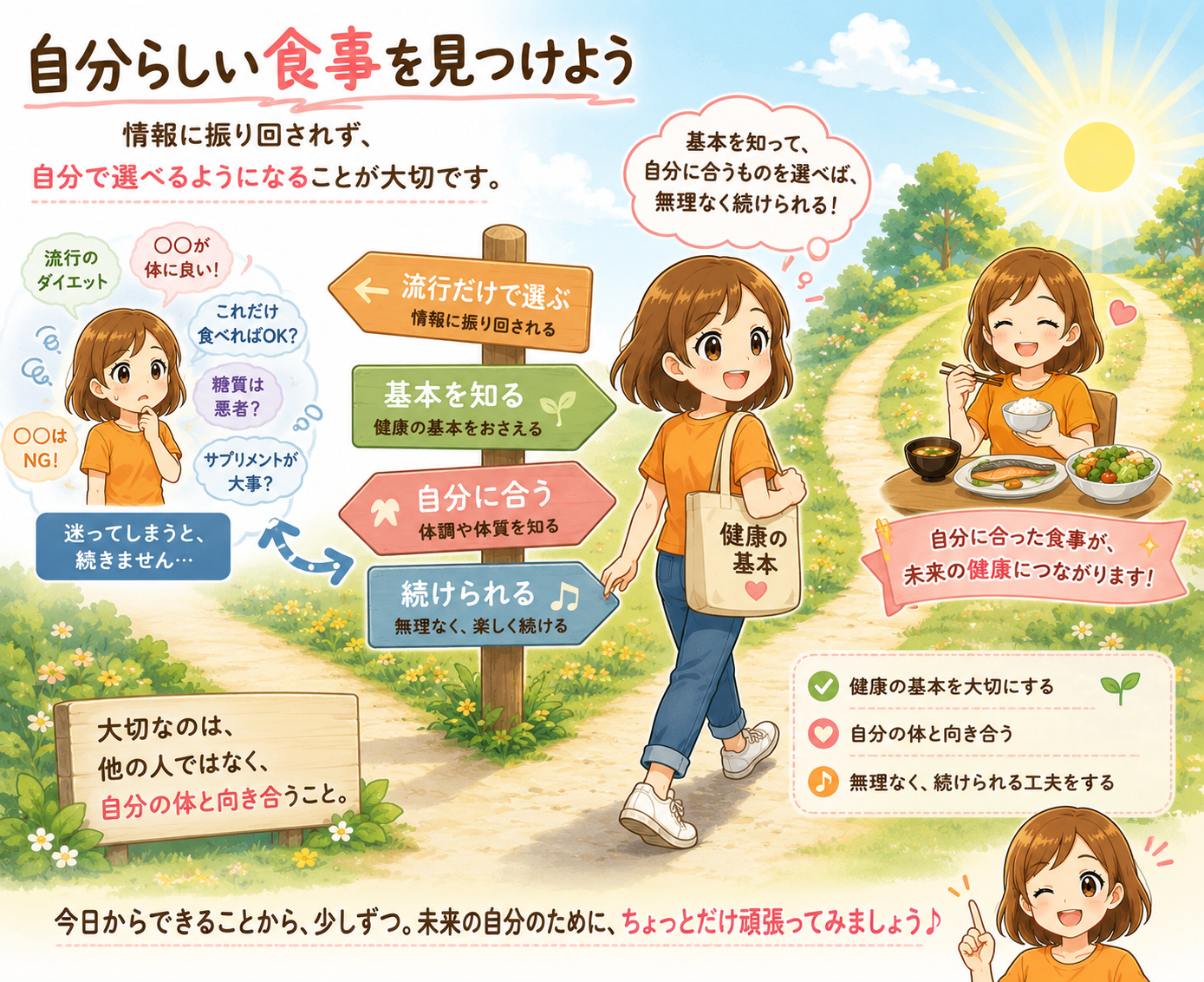 健康の基本という地図を手に、自分に合った食事へ続く道を選びながら笑顔で歩いているけんこちゃん