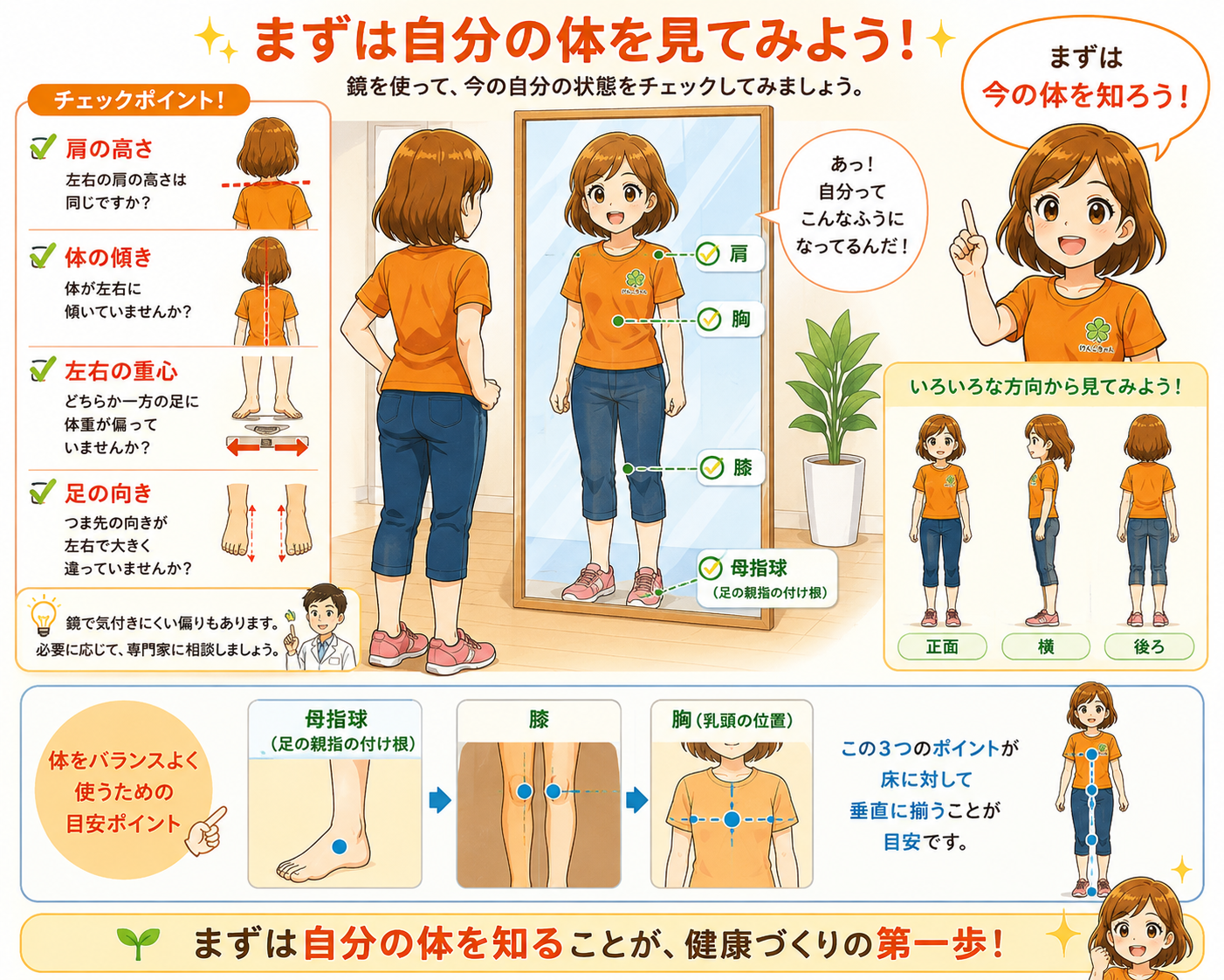 鏡を使って自分の姿勢や体の偏りを確認している様子