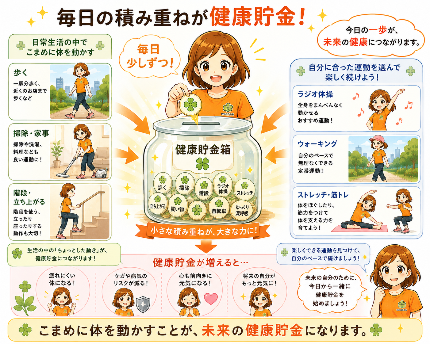 日常生活の中でこまめに体を動かし、健康貯金を積み重ねている様子