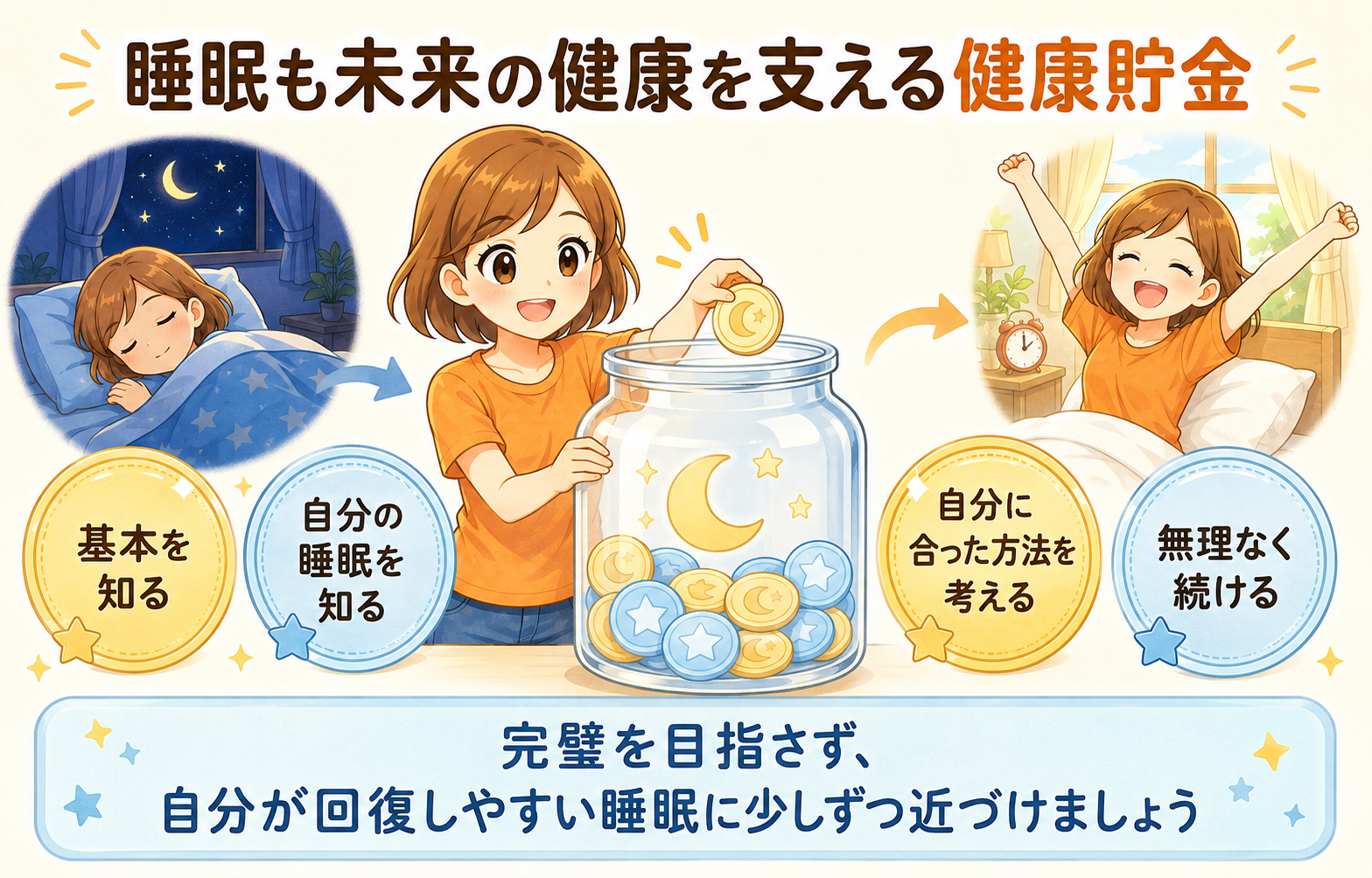 良い睡眠を健康貯金として積み重ねるイラスト