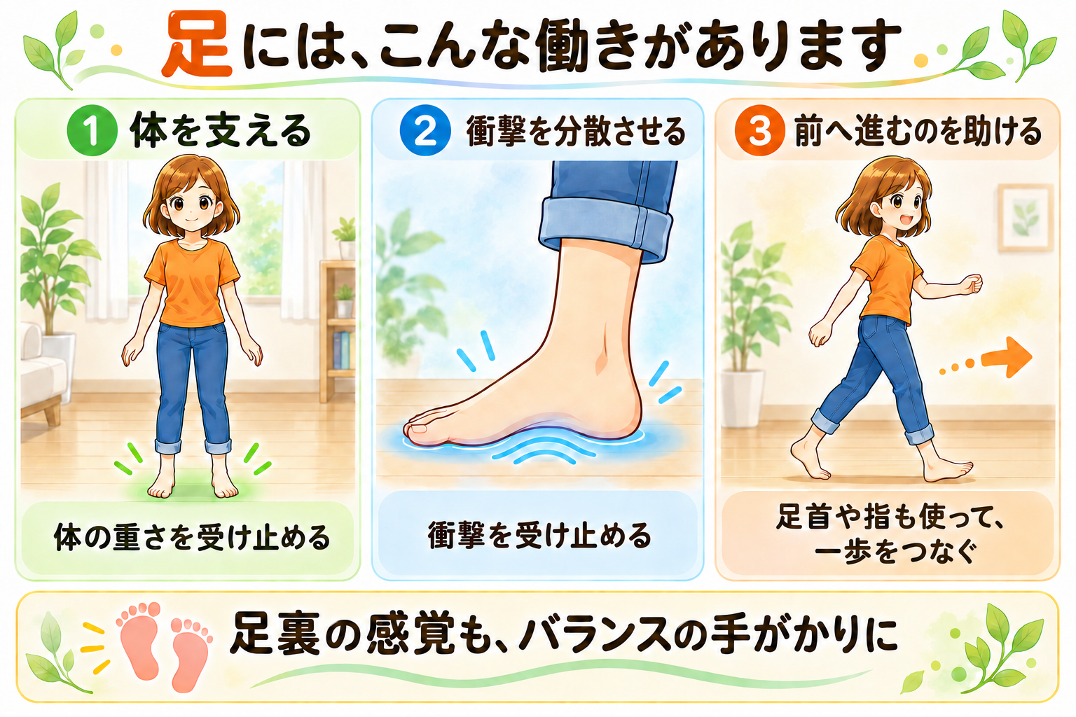 足の三つの働きと足裏の感覚を表すイラスト