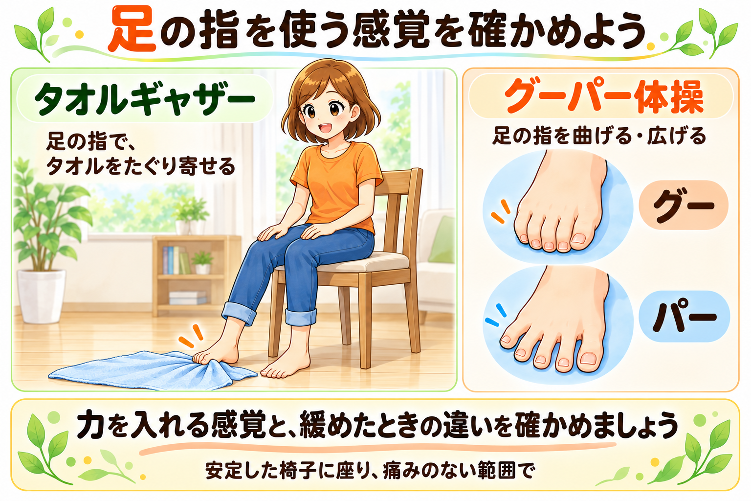 足で地面をつかむ感覚と足の体操を表すイラスト