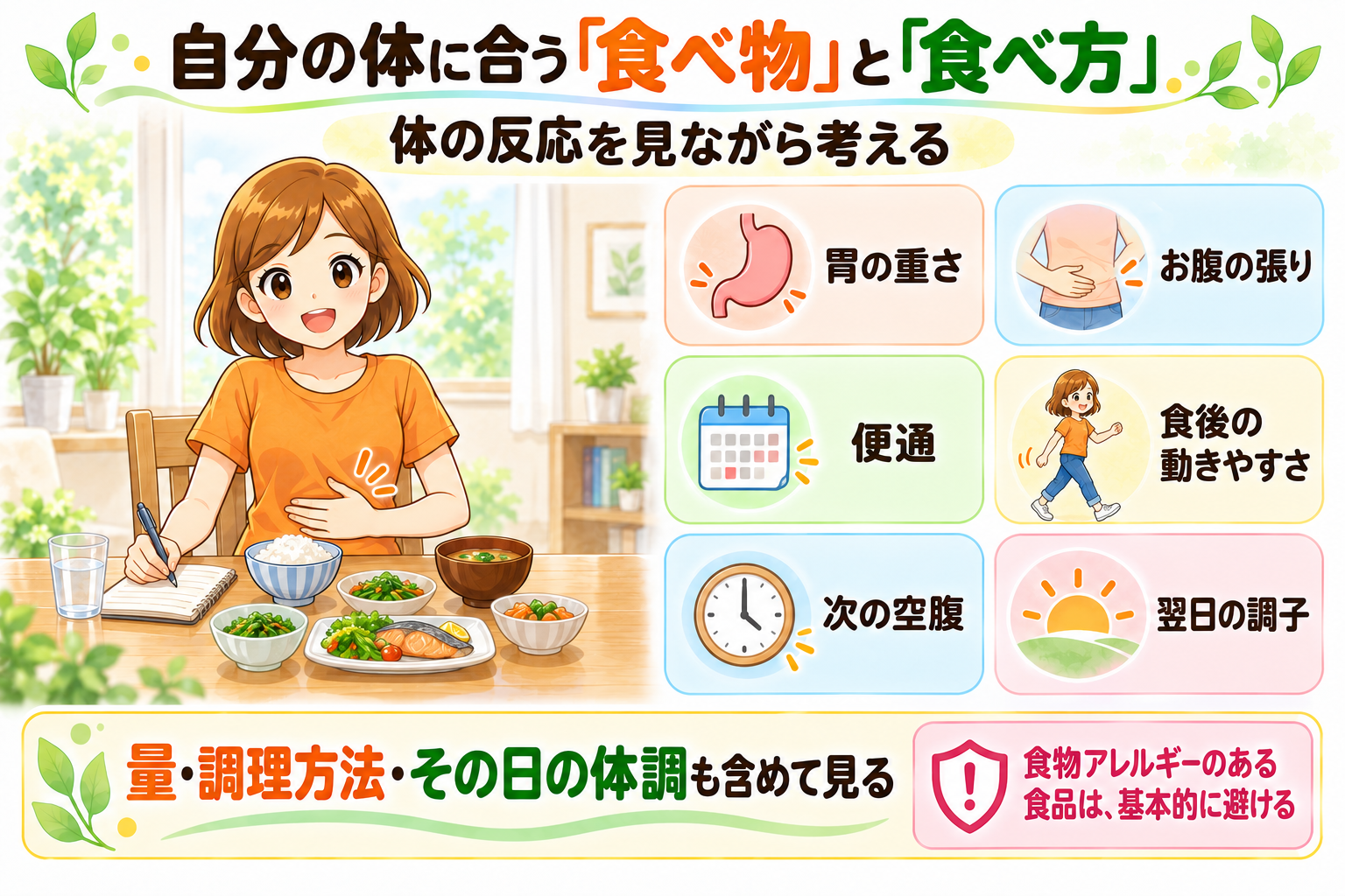 食後から翌日までの体の反応を見ながら、自分に合う食べ物と食べ方を考える